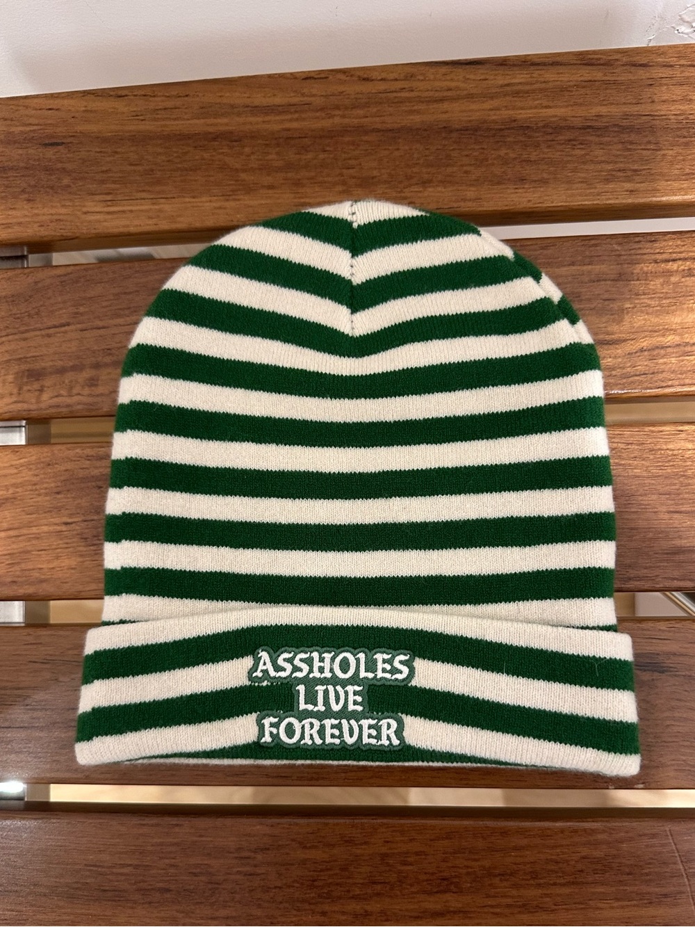 Green & Cream Striped Beanie with Embroidered Slogan